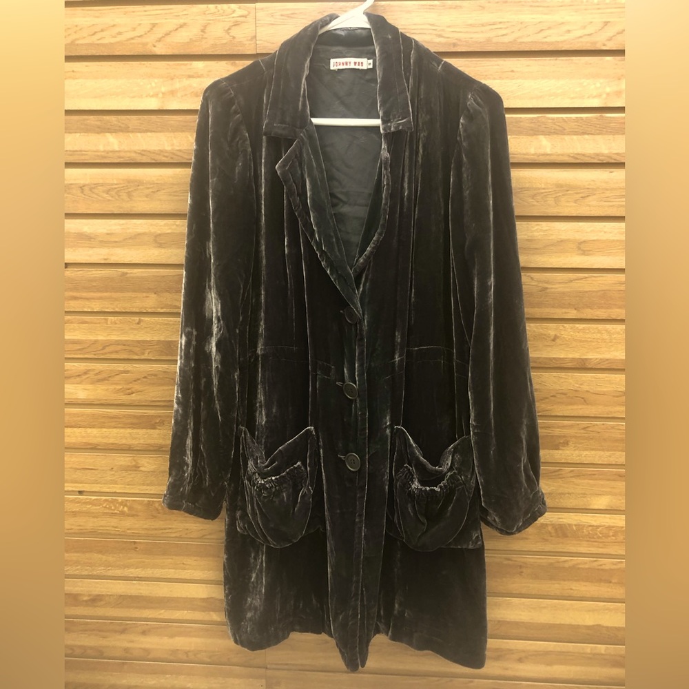 Johnny Was steel grey crushed velvet duster jacket.
